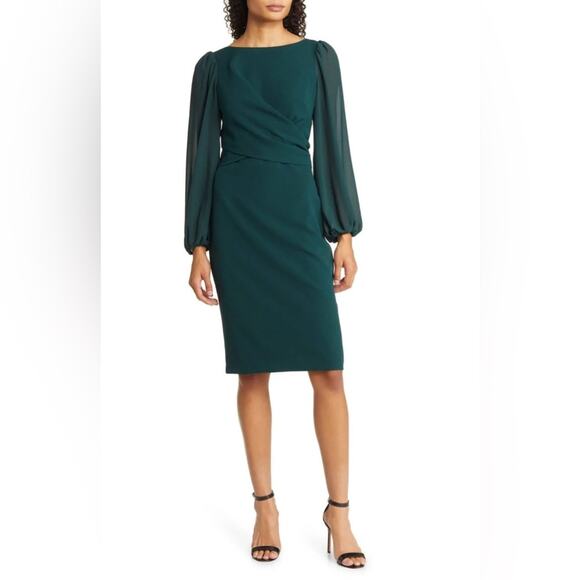 Vince Camuto Green Balloon Sleeve Crepe Chiffon Sheath Dress Size 10 New - Picture 1 of 4